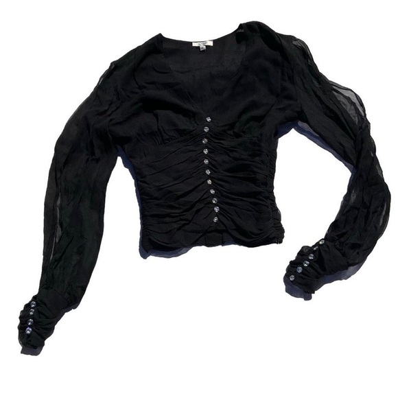 Vintage Cache Silky Sheer Ruched Top with Cut Out Sleeves - Picture 1 of 4